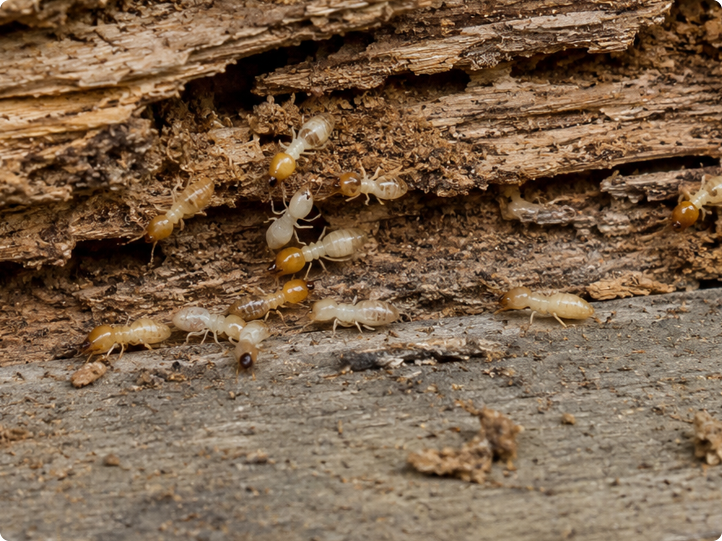 Termites damaging the wood of an outdoor wooden picnic table